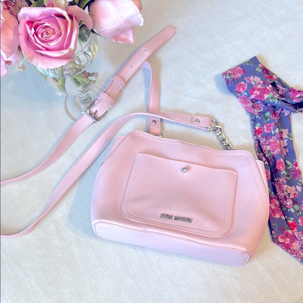 Soft Pink Crossbody Bag with silver hardware with floral tie accessory